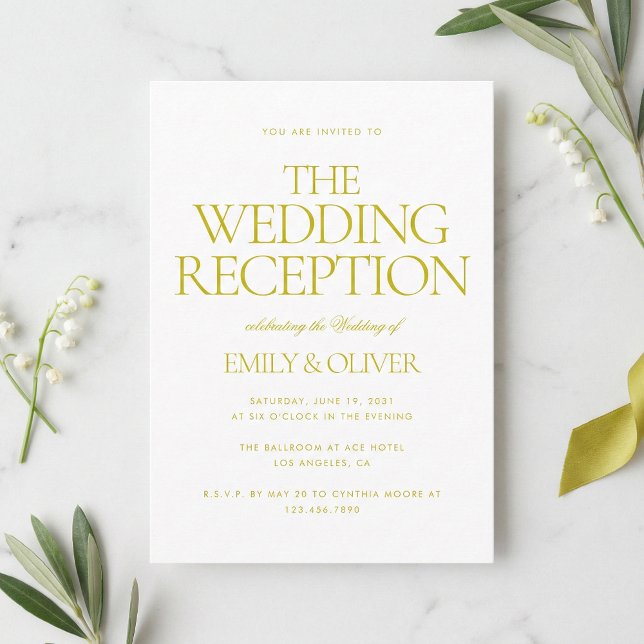 Invitation Réception de mariage moderne vert chartreuse (Minimalist lime green stationery with bold serif typography shown in a clean lifestyle setting.)