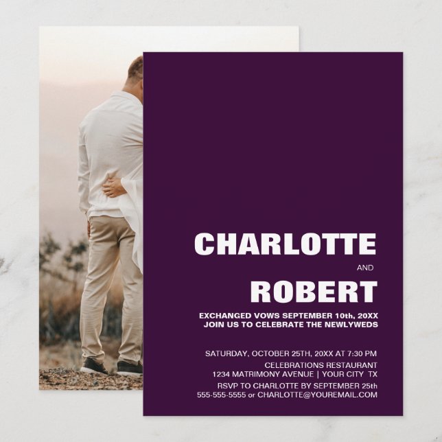 Invitation Réception de mariage moderne violet (Devant / Derrière)