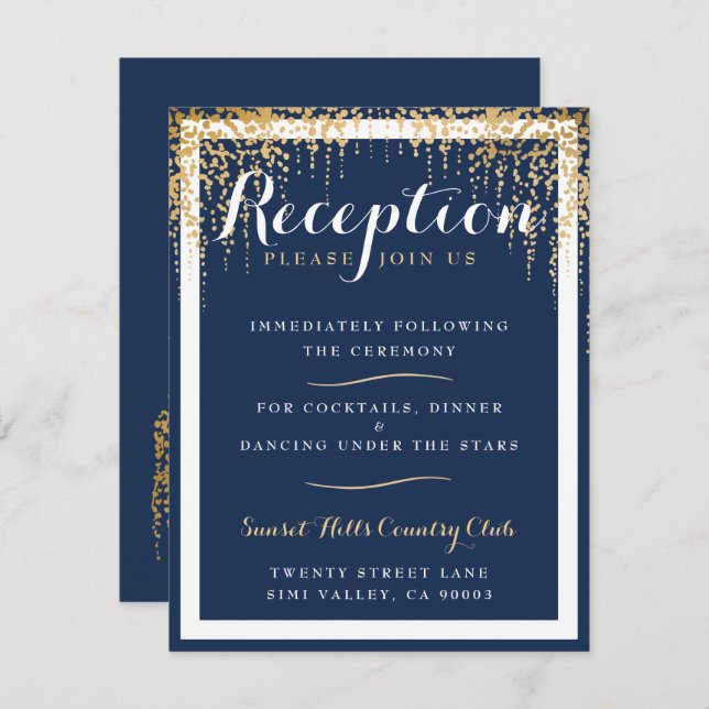 Invitation Réception de mariage moderne Willow Tree Blue Gold (Devant / Derrière)
