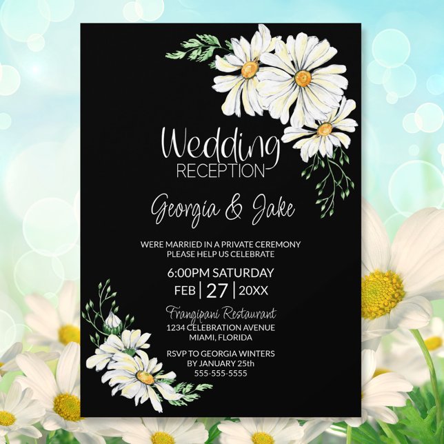 Invitation Réception de mariage Moody Black avec marguerites  (Créateur téléchargé)