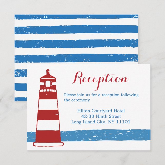 Invitation Réception de mariage nautique Rayure bleue Phare (Devant / Derrière)