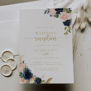 Invitation Réception de mariage Navy Blush Floral Gold  