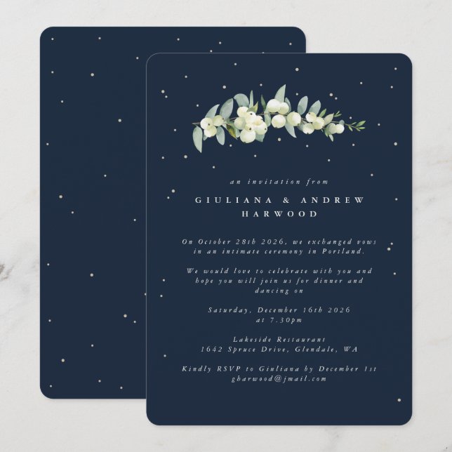 Invitation Réception de mariage Navy foncé Snowberry + Eucaly (Devant / Derrière)
