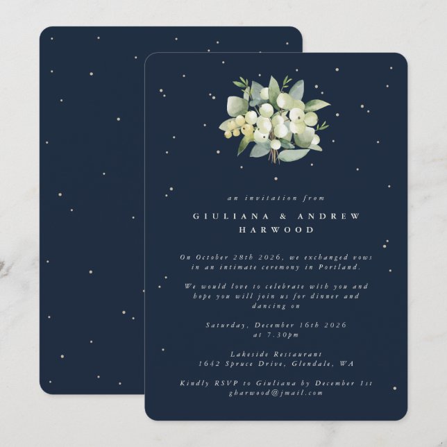 Invitation Réception de mariage Navy Snowberry+Eucalyptus (Devant / Derrière)