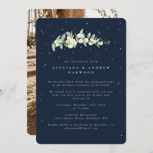Invitation Réception de mariage Navy Snowberry+Eucalyptus Pho (Devant / Derrière)