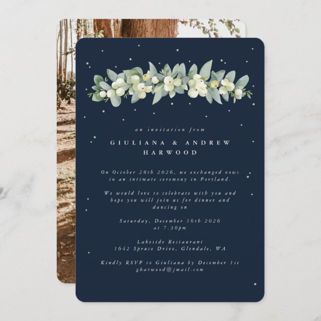 Invitation Réception de mariage Navy Snowberry+Eucalyptus Pho (Devant / Derrière)