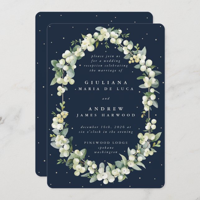 Invitation Réception de mariage Navy Snowberry+Eucalyptus uni (Devant / Derrière)