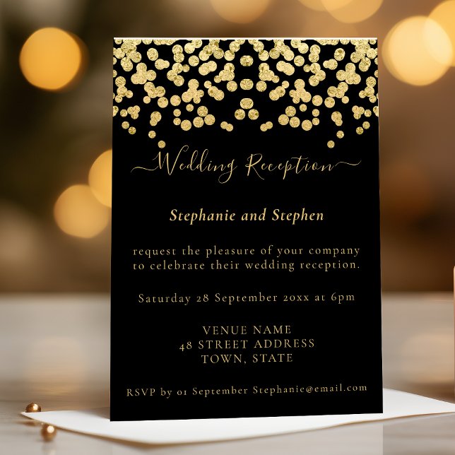 Invitation Réception de mariage noir avec confettis dorés pai (Créateur téléchargé)