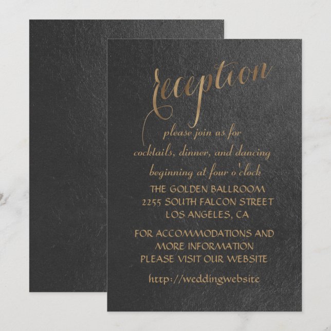 Invitation Réception de mariage noir avec feuilles d'or charm (Devant / Derrière)