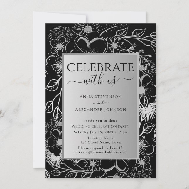 Invitation Réception de mariage noir et blanc (Devant)