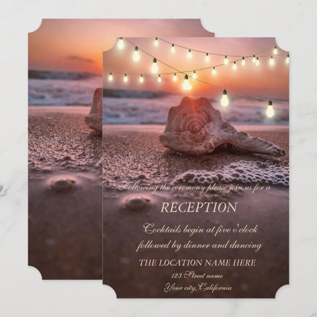 Invitation Réception de mariage Ocean Beach, lumières de coqu (Devant / Derrière)