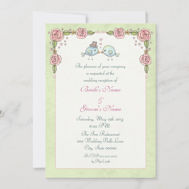 Invitation Réception de mariage Oiseaux bleus mignons et Rose (Devant)