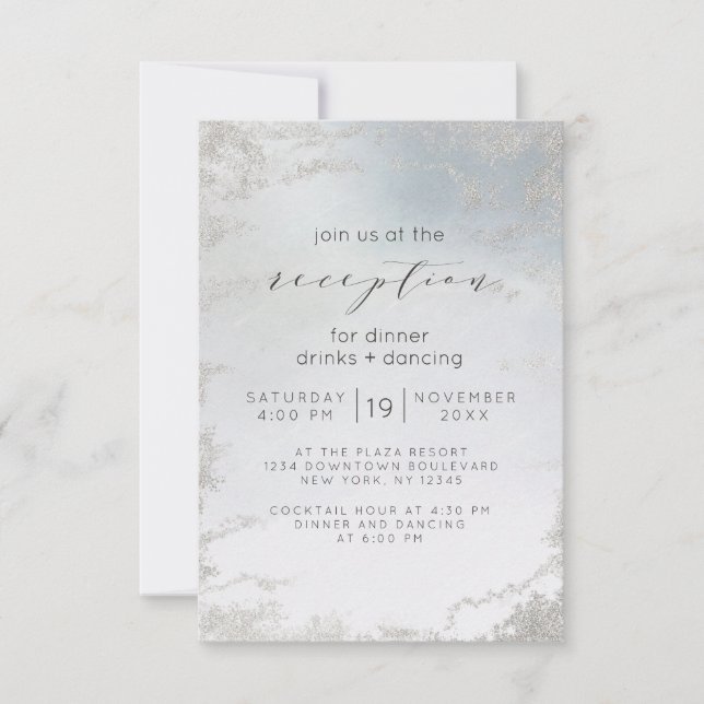 Invitation Réception de mariage Ombre Dusty Blue argent givré (Devant)