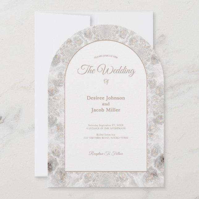 Invitation Réception de mariage or blanc argent élégant arche (Devant)