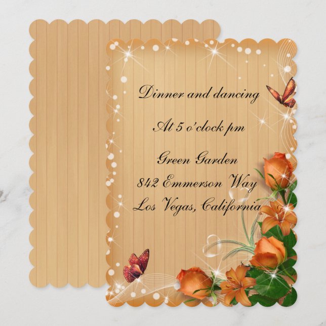 Invitation Réception de mariage papillon floral en bois rusti (Devant / Derrière)