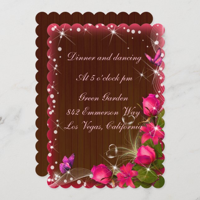 Invitation Réception de mariage papillon floral rose en bois  (Devant / Derrière)
