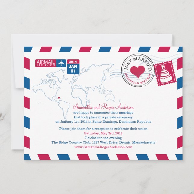 Invitation Réception de mariage par avion République dominica (Devant)