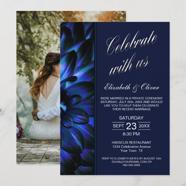 Invitation Réception de mariage photo florale bleu marine (Devant / Derrière)