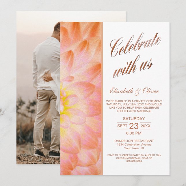 Invitation Réception de mariage photo florale orange moderne (Devant / Derrière)