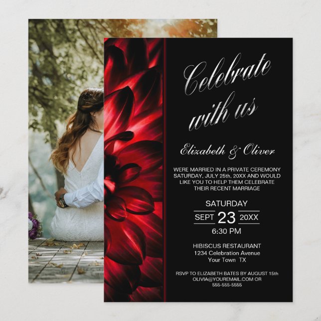 Invitation Réception de mariage photo florale rouge noir (Devant / Derrière)