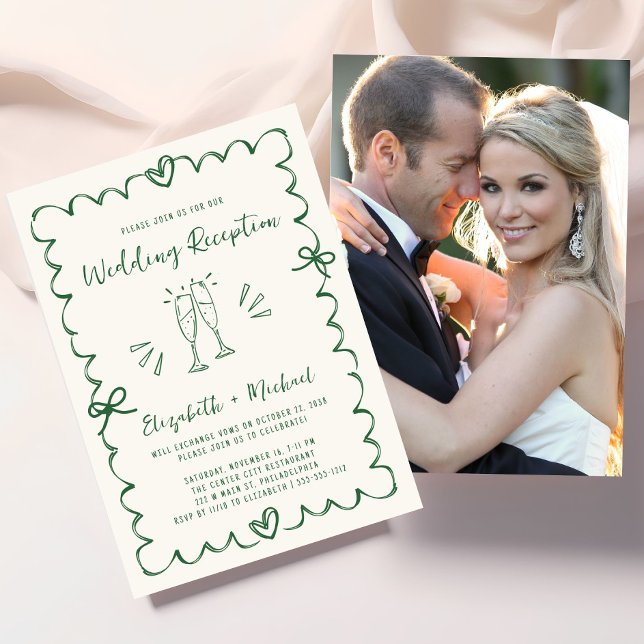 Invitation Réception de mariage photo verte dessinée à la mai (Whimsical Hand Drawn Green Photo Wedding Reception Invitation)