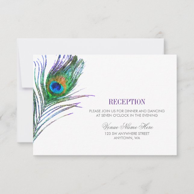 Invitation Réception de mariage Plume de paon à l'aquarelle (Devant)
