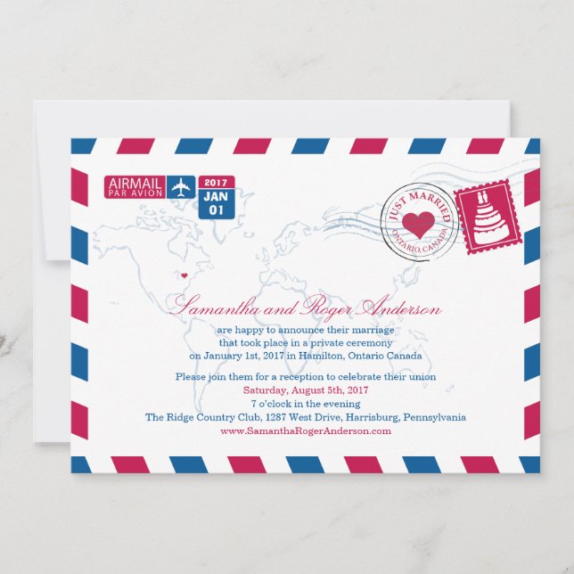 Invitation Réception de mariage post Ontario Canada Air Mail (Devant)