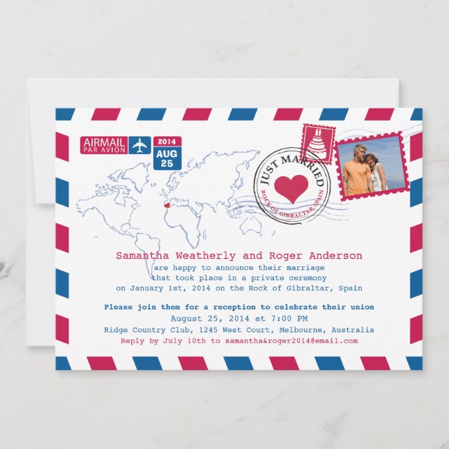 Invitation Réception de mariage postal aérien en Espagne (Devant)
