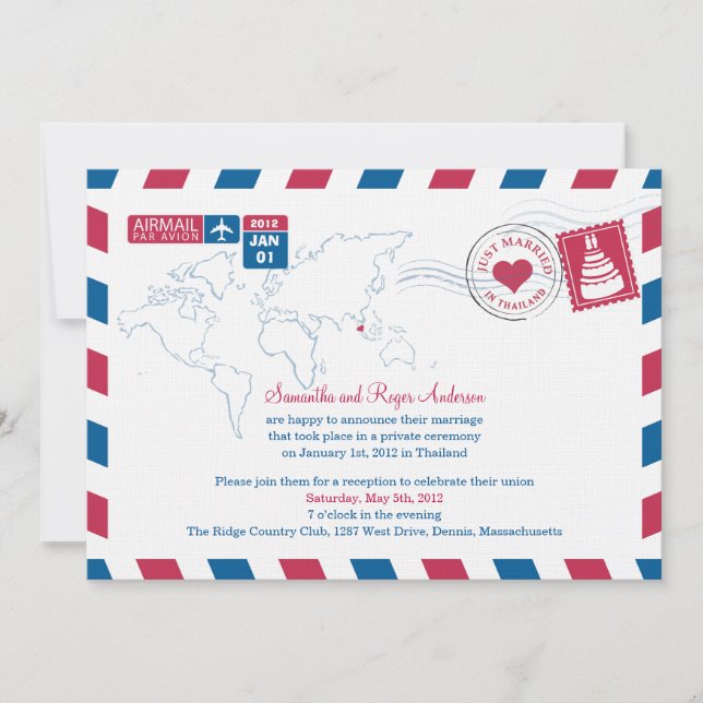 Invitation Réception de mariage postale par avion en Thaïland (Devant)