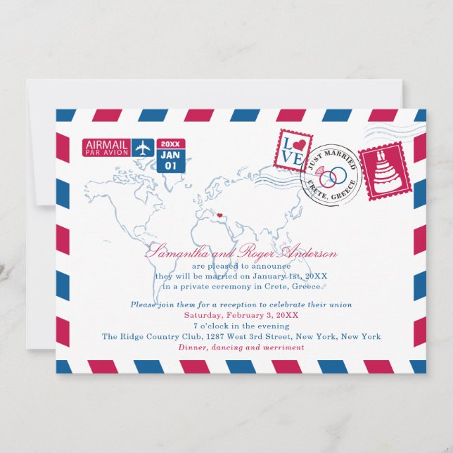 Invitation Réception de mariage postérieur en Grèce par avion (Devant)