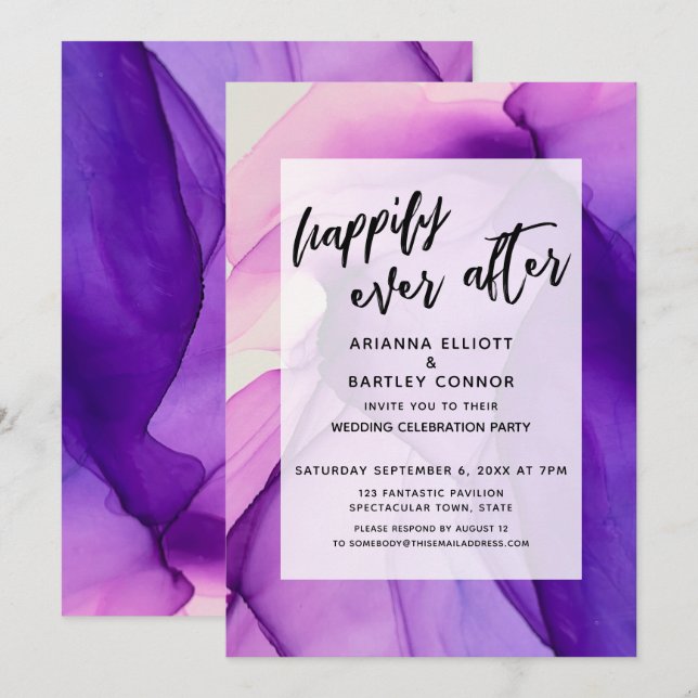 Invitation Réception de mariage Purple Inks Happily Ever Afte (Devant / Derrière)