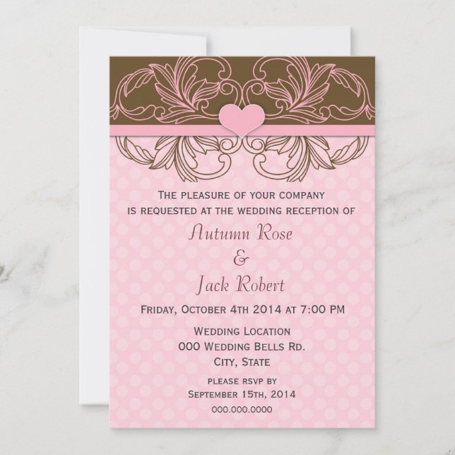 Invitation Réception de mariage rose et Brown (Devant)