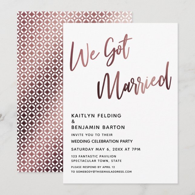 Invitation Réception de mariage rose gold pour les jeunes mar (Devant / Derrière)
