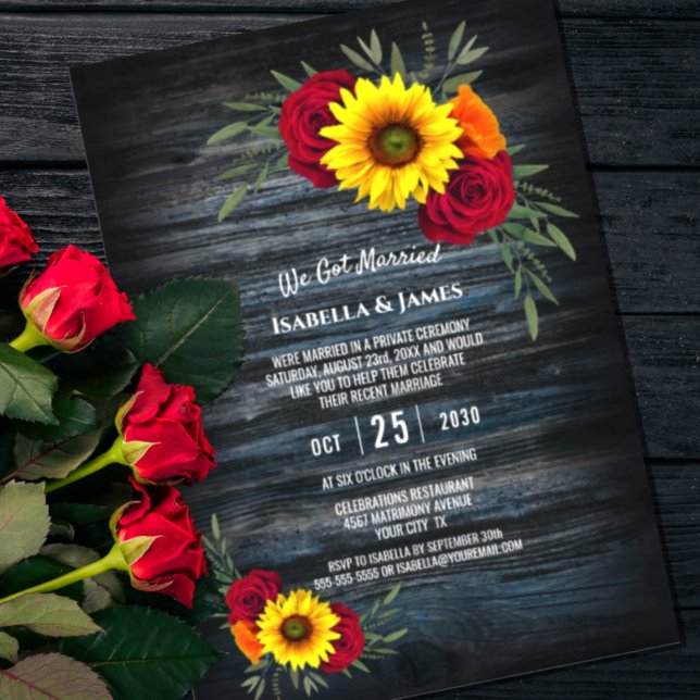 Invitation Réception de mariage Rose Tournesol Bois de grange (Créateur téléchargé)