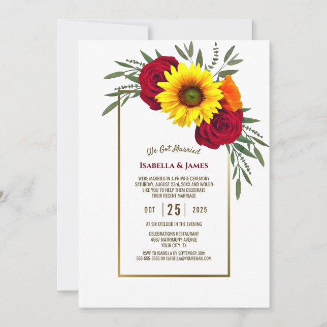 Invitation Réception de mariage Rose Tournesol Cadre Or (Devant)