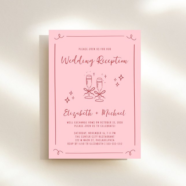 Invitation Réception De Mariage Rouge Rose Tiré À La Main Whi (Whimsical pink + red wedding reception invitation to set the tone for an unforgettable event)