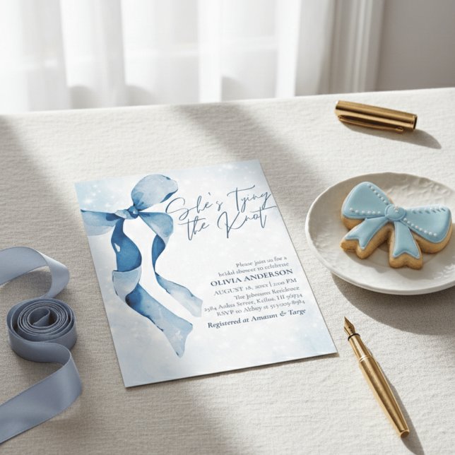 Invitation Réception de mariage Ruban Bleu Elle Noue le Nœud (Créateur téléchargé)