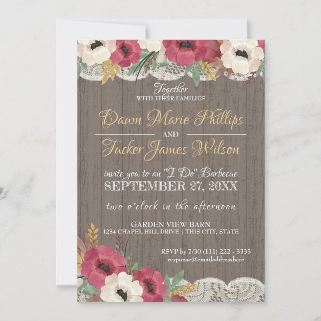 Invitation Réception de mariage rustique BBQ Floral Bourgogne (Devant)
