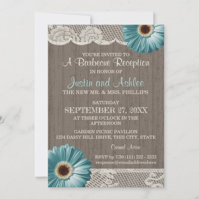 Invitation Réception de mariage rustique BBQ sarcelle Daisies (Devant)