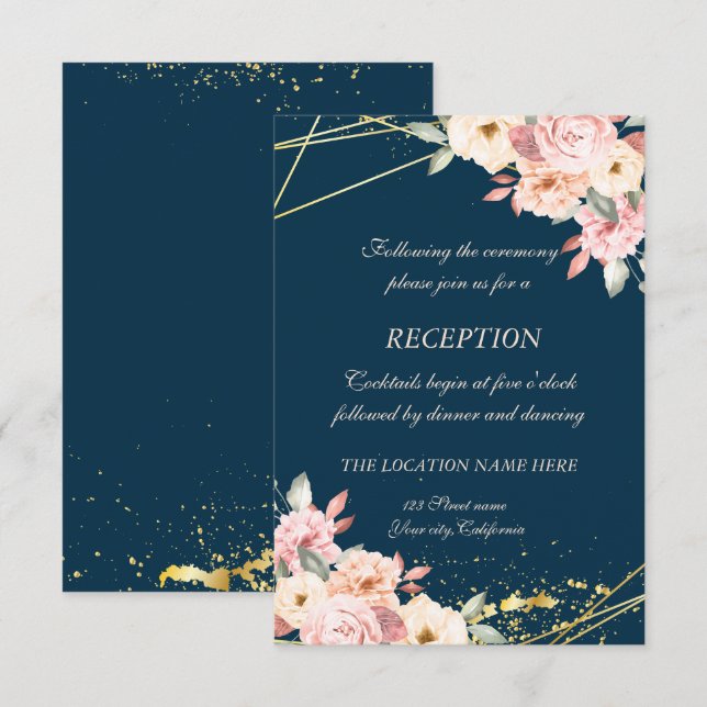Invitation Réception de mariage Rustique Floral Or Bleu Marin (Devant / Derrière)