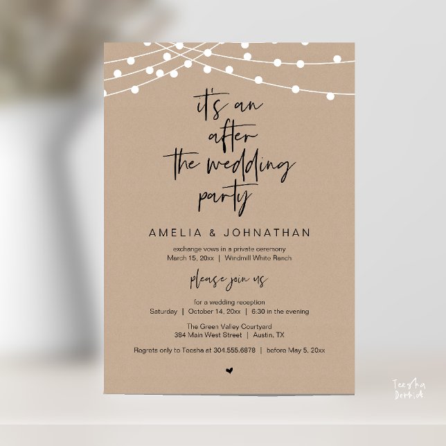 Invitation Réception de mariage rustique moderne Kraft marron (Modern Rustic Wedding Reception Brown Kraft, string lights, Invitation card pdf black script)