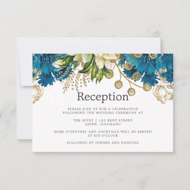 Invitation Réception de mariage shabby chic turquoise et or v (Devant)