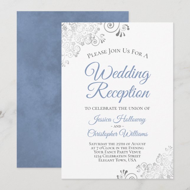 Invitation Réception de mariage Silver Lace Dusty Blue sur fo (Devant / Derrière)
