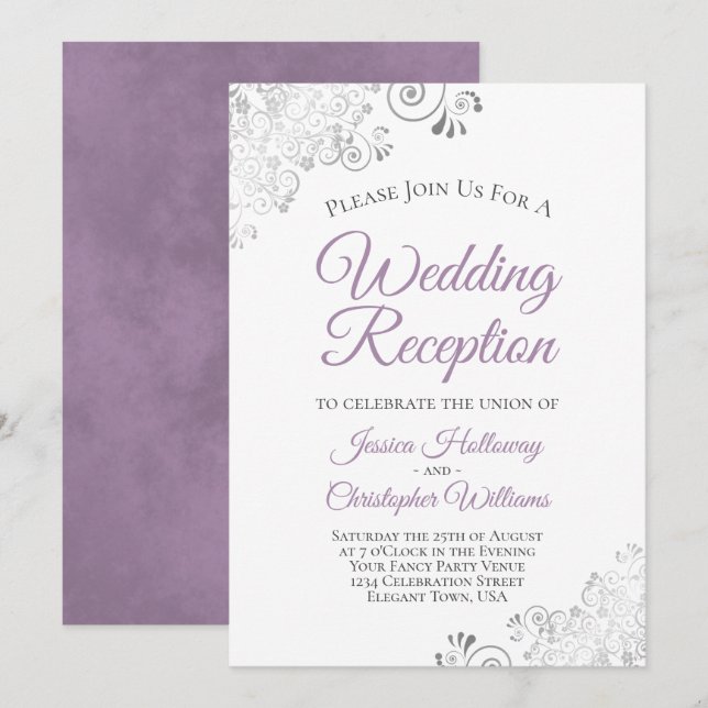 Invitation Réception de mariage Silver Lace Lavender sur fond (Devant / Derrière)