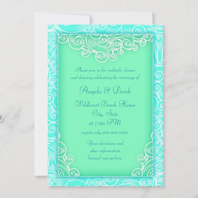 Invitation Réception de mariage sur la plage vagues aqua et v (Devant)