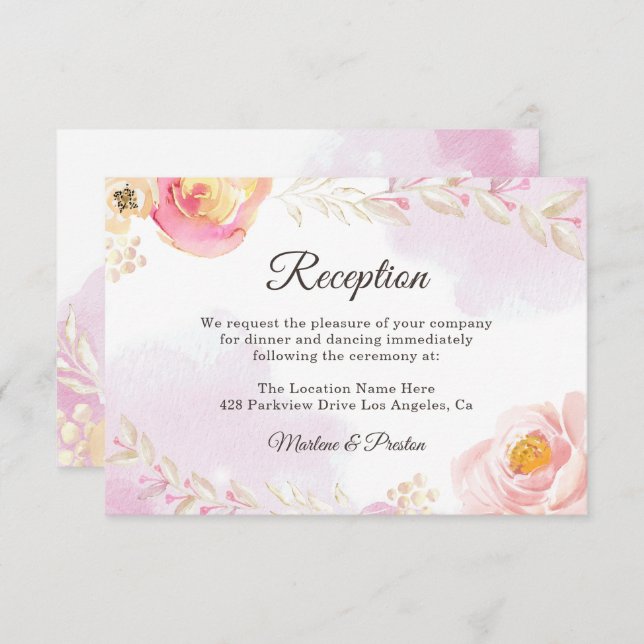 Invitation Réception de mariage tendance rose & or Floral Gar (Devant / Derrière)