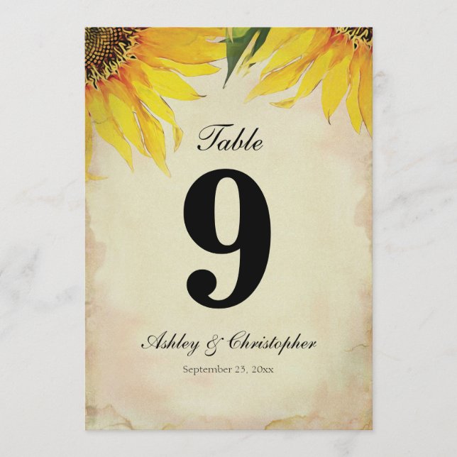 Invitation Réception de mariage Tournesol Table Numéro Neuf (Devant)