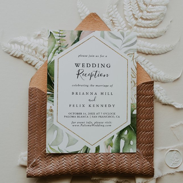 Invitation Réception de mariage tropical avec feuillage géomé (Créateur téléchargé)