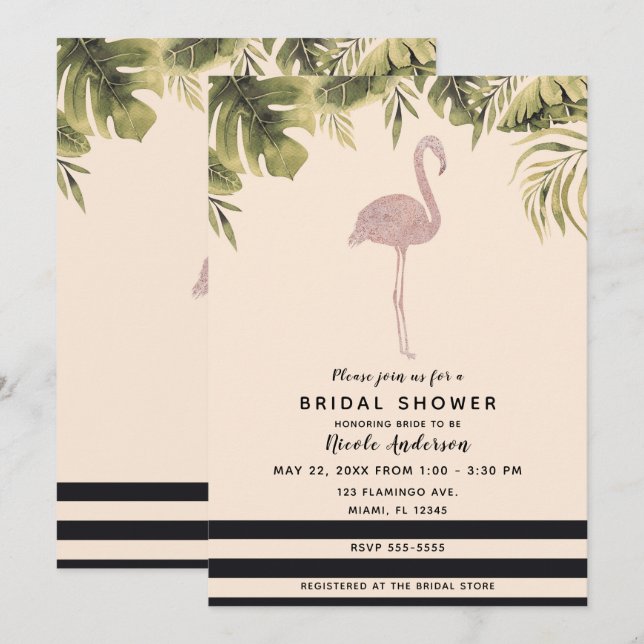 Invitation Reception de Mariage Tropical Flamant Rose Crème J (Devant / Derrière)