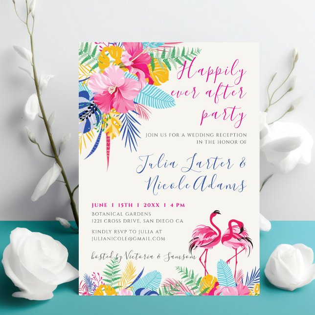 Invitation Réception de mariage tropical sauvage rose Navy (Créateur téléchargé)